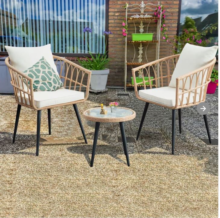 FOREST HOME Patio Conversation-Set 3-Piece Wicker Patio Conversation Set with Off-white Cushions