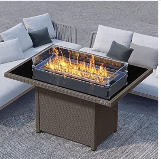 EAST OAK 44” Propane Fire Pit Table, 60,000 BTU Gas Fire Table w/Aluminum Frame, H Type Burner and Tempered Glass Tabletop, CSA Listed Outdoor Patio Firepit with Wind Guard, Fire Glass and Lid,