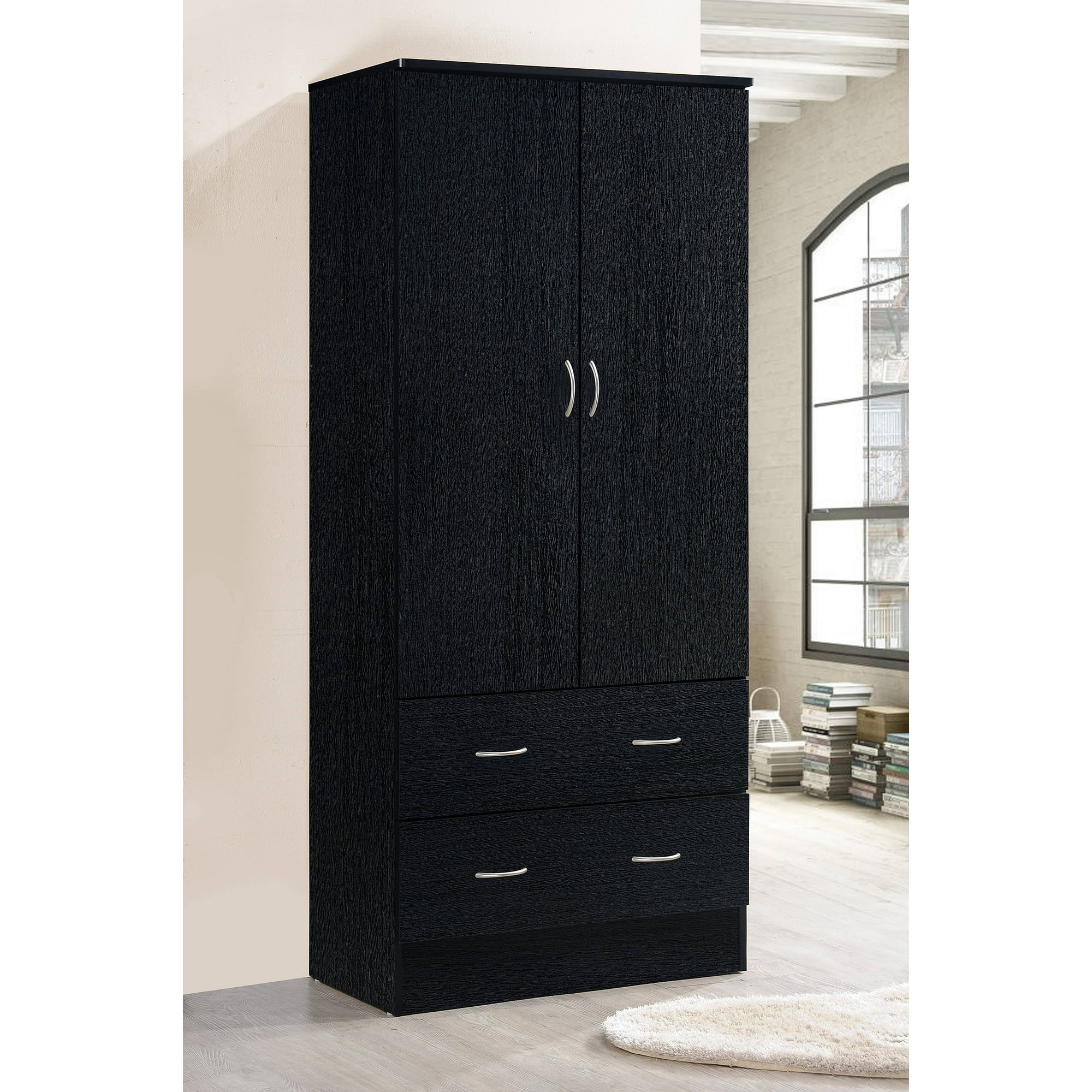 Hodedah 2-Door Armoire with 2-Drawers and Clothing Rod in Black