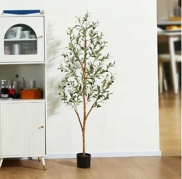5 ft Artificial Olive Plants with Realistic Leaves and Natural Trunk, Silk Fake Potted Tree with Wood Branches and Fruits, Faux Olive Tree for Office Home Decor