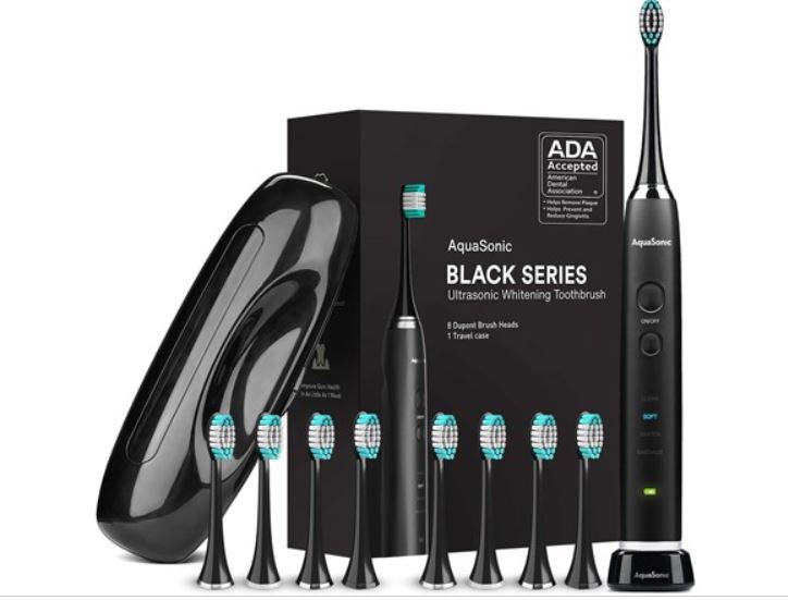 Aquasonic Ultrasonic Toothbrush with 8 Dupont Brush Heads and Travel Case
