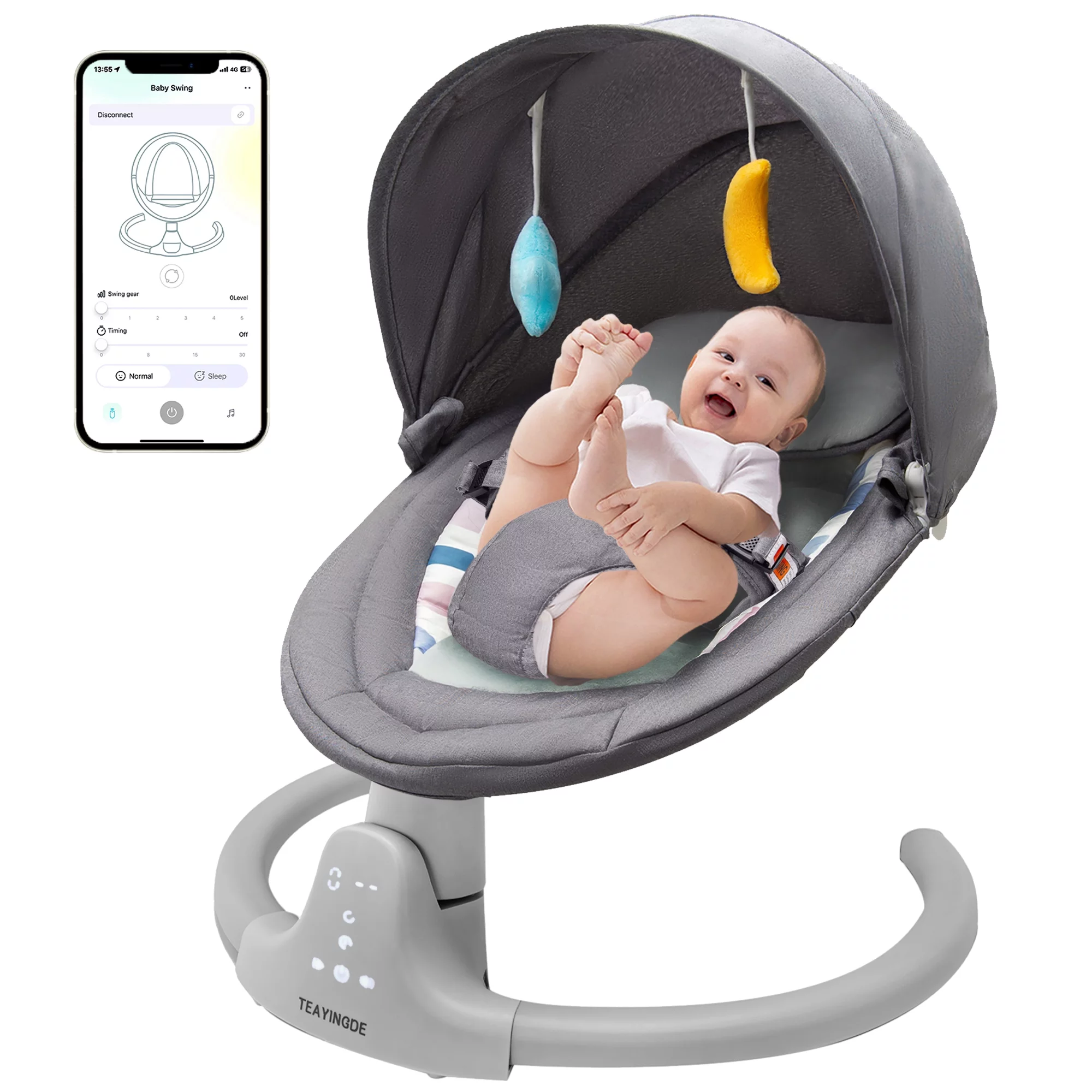 TEAYINGDE Baby Swing for Infants – APP Remote Bluetooth Control, 5 Speed Settings, 10 Lullabies, USB Plug (Gray)