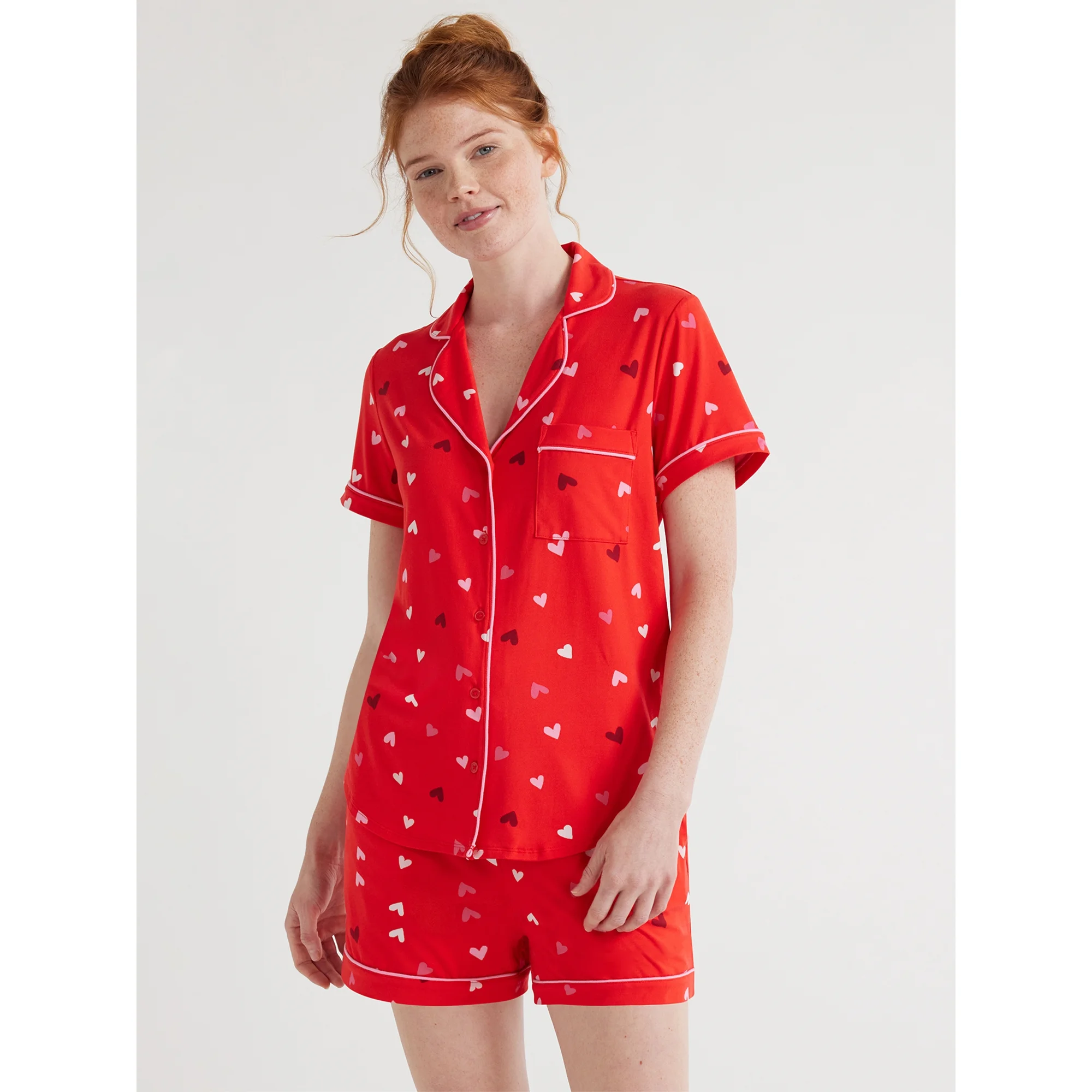 Joyspun Women’s Short Sleeve Notch Collar Top and Shorts Knit Pajama Set, 2-Piece, Sizes S to 3X