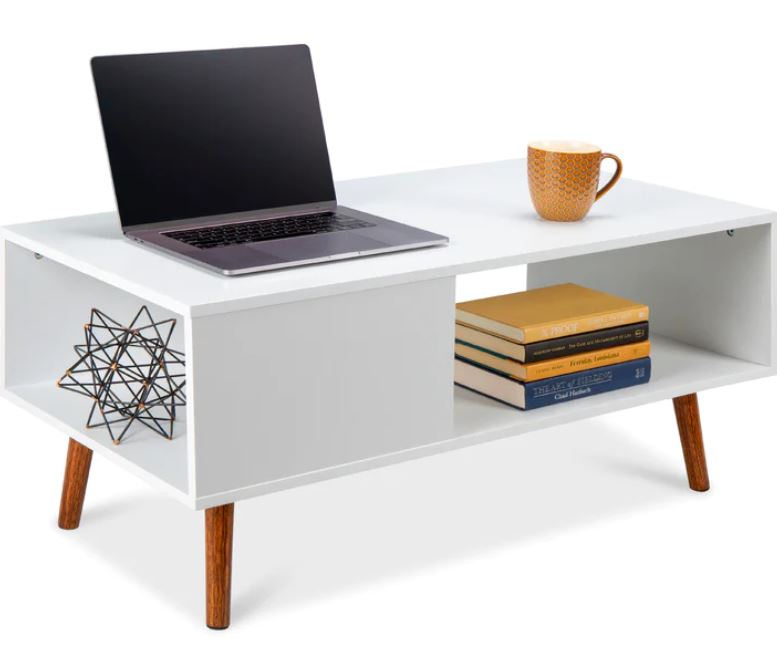 Wooden Mid-Century Modern Coffee Accent Table w/ Open Storage Shelf