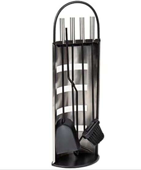 Mind Reader Fireplace Set with Stand, Brush, Shovel Scoop, Poker, Tongs, Durable Steel, 9″L x 6″W x 26.25″H, 4 Pcs, Silver