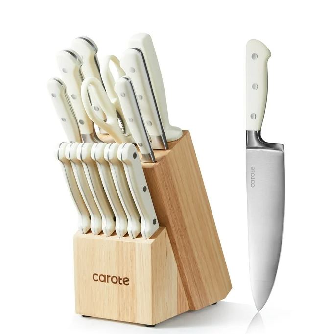 CAROTE 14 Pieces Knife Set with Wooden Block Stainless Steel Knives Dishwasher Safe with Sharp Blade Ergonomic Handle Forged Triple Rivet-Pearl White