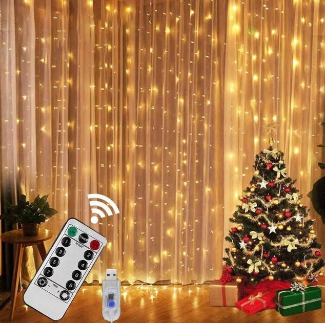 Window Curtain String Light, 300 Waterproof LED Twinkle Lights, 8 Modes Fairy Lights USB Remote Control Lights for Christmas Bedroom Party Wedding Home Garden Wall Decorations(9.9×9.9 Ft)