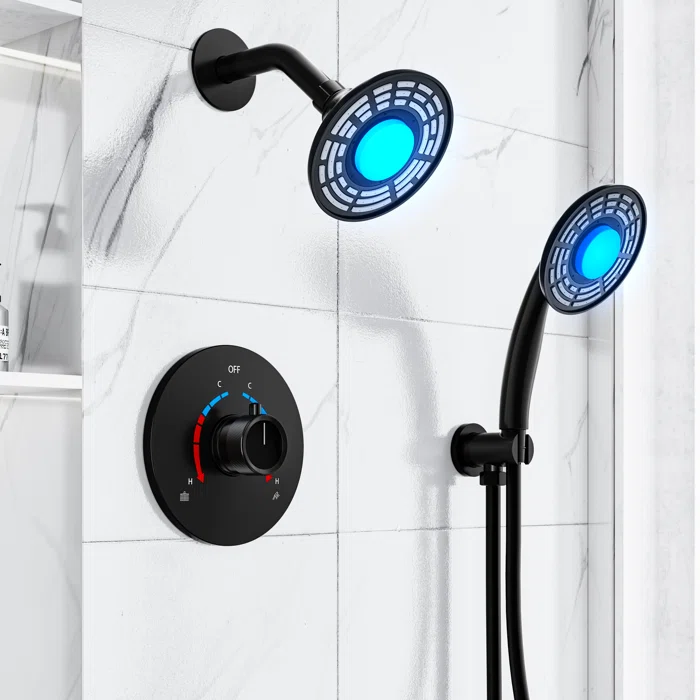 SRSFS-1022-BK5 Pressure Balance Shower Faucet Set 3 Colors LED Shower Head With Rough-in Valve
