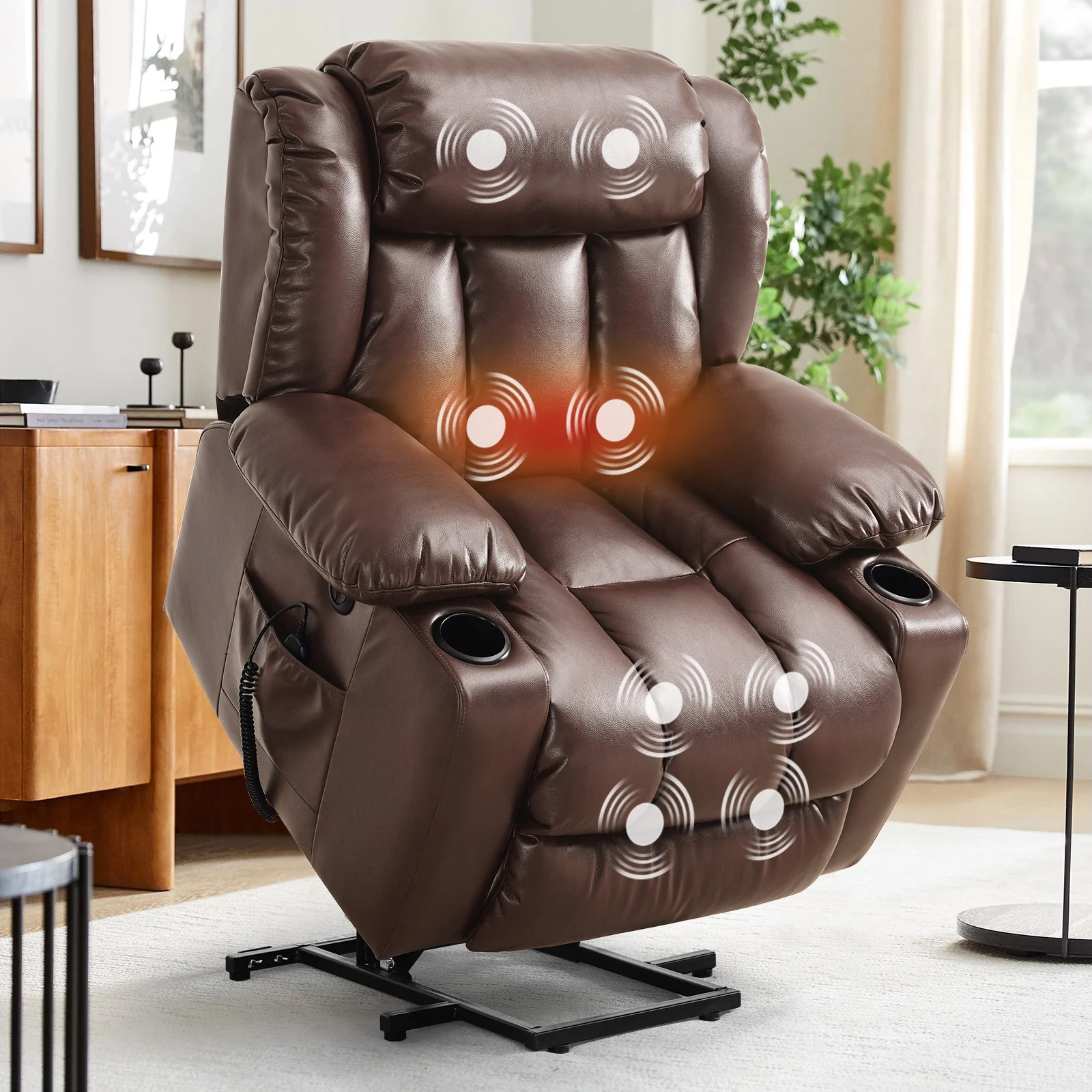 TEKAMON Large Power Lift Recliner Chair for Elderly with Heat and Massage Leather Electric Recliners Chair For Living Room with Cup Holders, Remote Control (Brown)