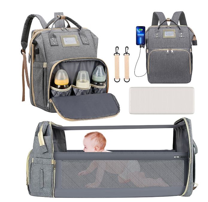 Diaper Bag Backpack, Multifunctional Baby Changing Bag with Foldable Crib & Insulated Milk Bottle Pocket, Large Capacity Travel Backpack with USB Charging Port & Stroller Strap (Grey)