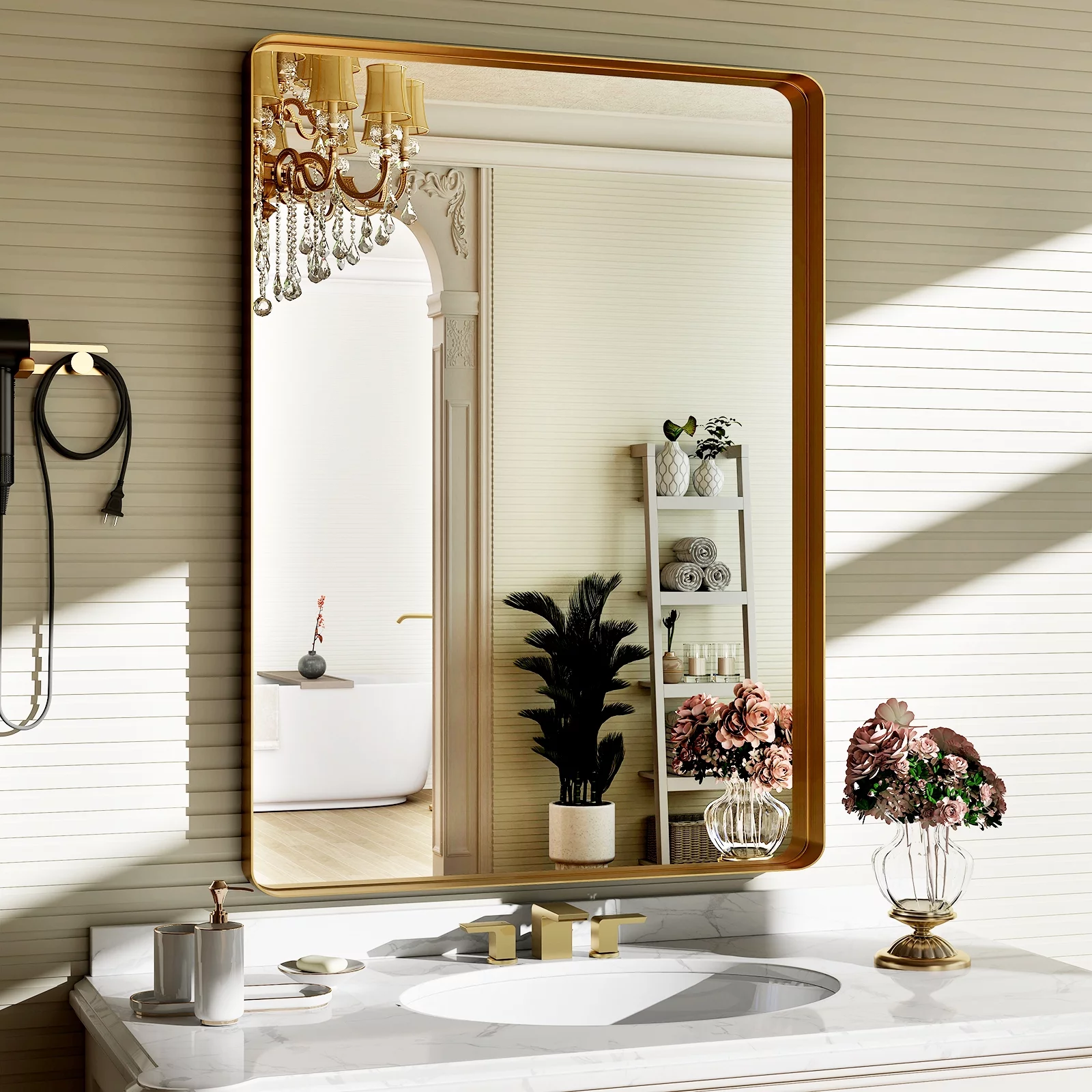 BEAUTYPEAK Bathroom Mirror 22×30 inch, Modern Round Corner Vanity Wall Mirror，Gold