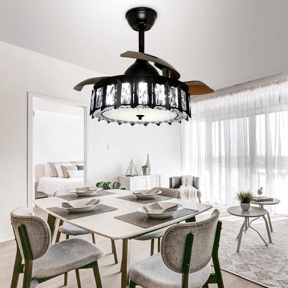 DingLiLighting Remote LED Crystal Ceiling Fans with Light Black Industrial Ceiling Fan Lighting Kit Retractable Blades for Living Room Office, 3 Wind Speeds,Timing