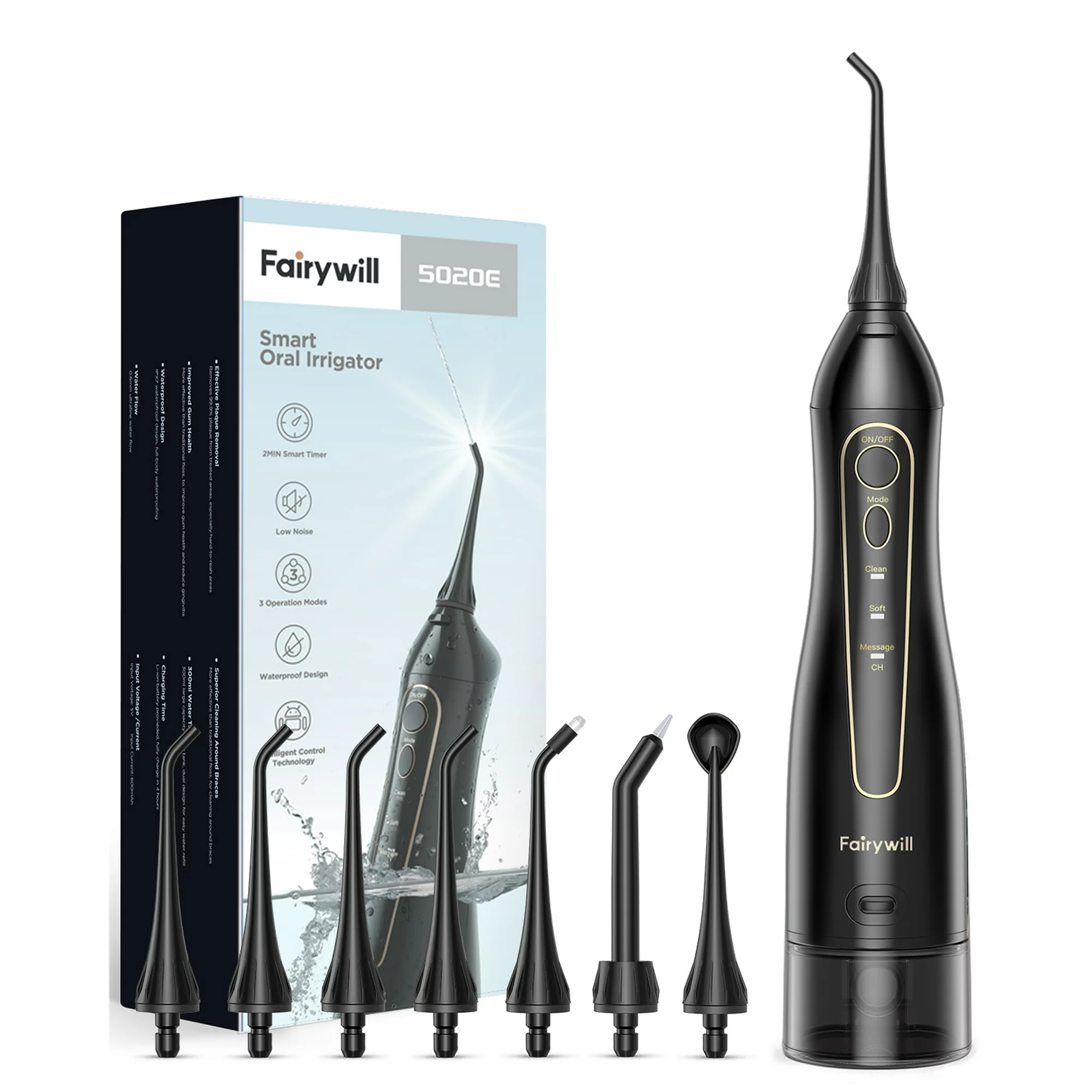 Fairywill Cordless Water Flosser with 8 Jet Tips, Portable Oral Irrigator Electric Teeth Cleaner for Brace Care,3 Modes, Black
