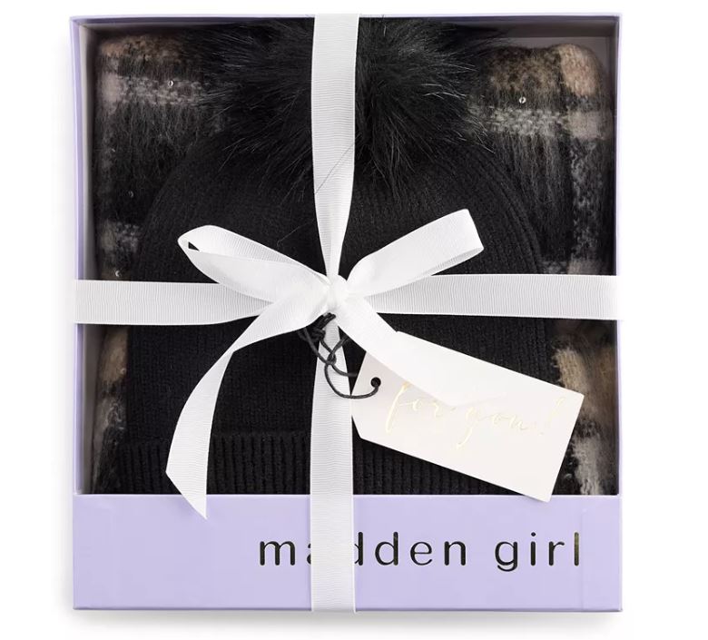Women’s madden girl Pom Beanie and Sequin Scarf Set