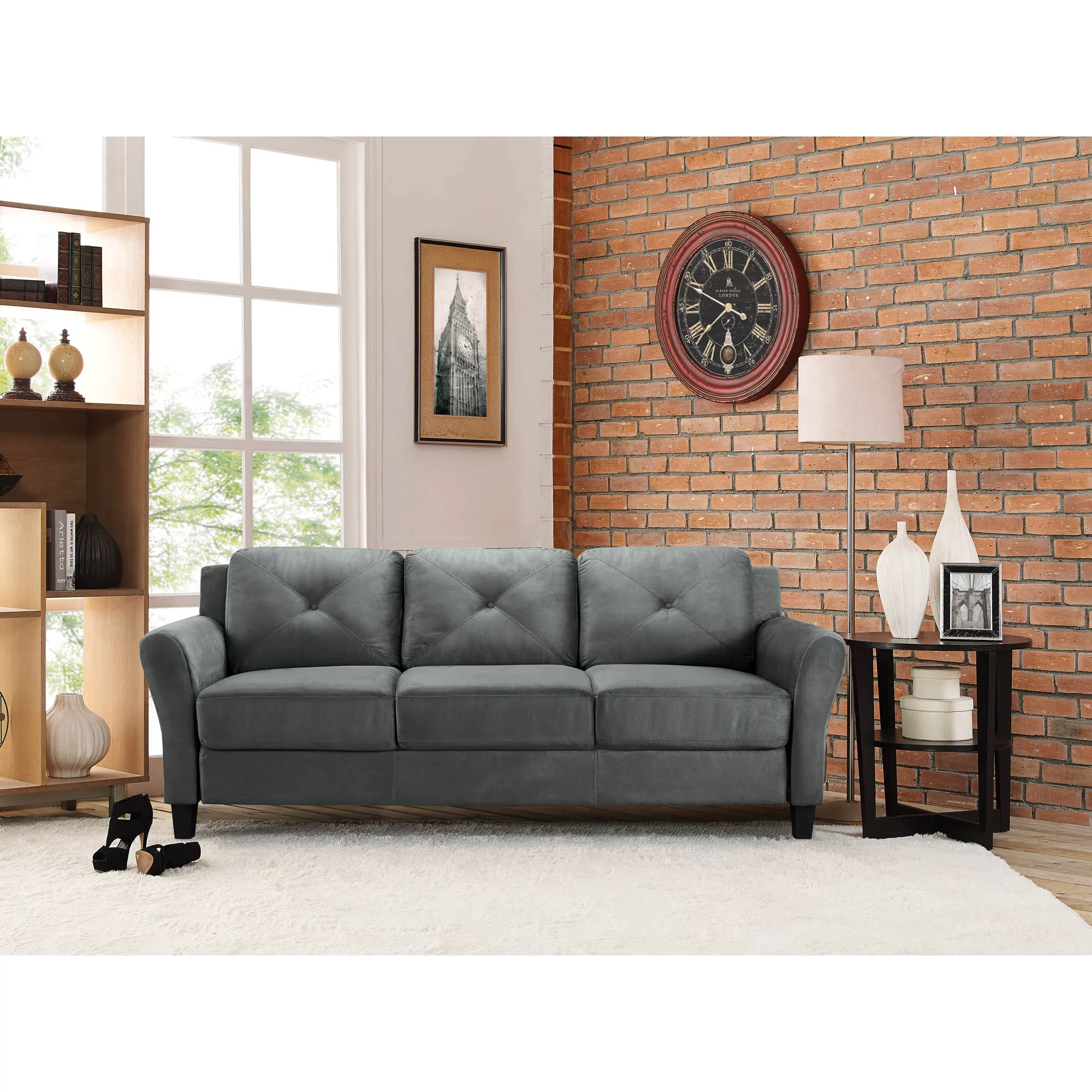 Lifestyle Solutions Taryn Traditional Sofa with Rolled Arms, Dark Gray Fabric