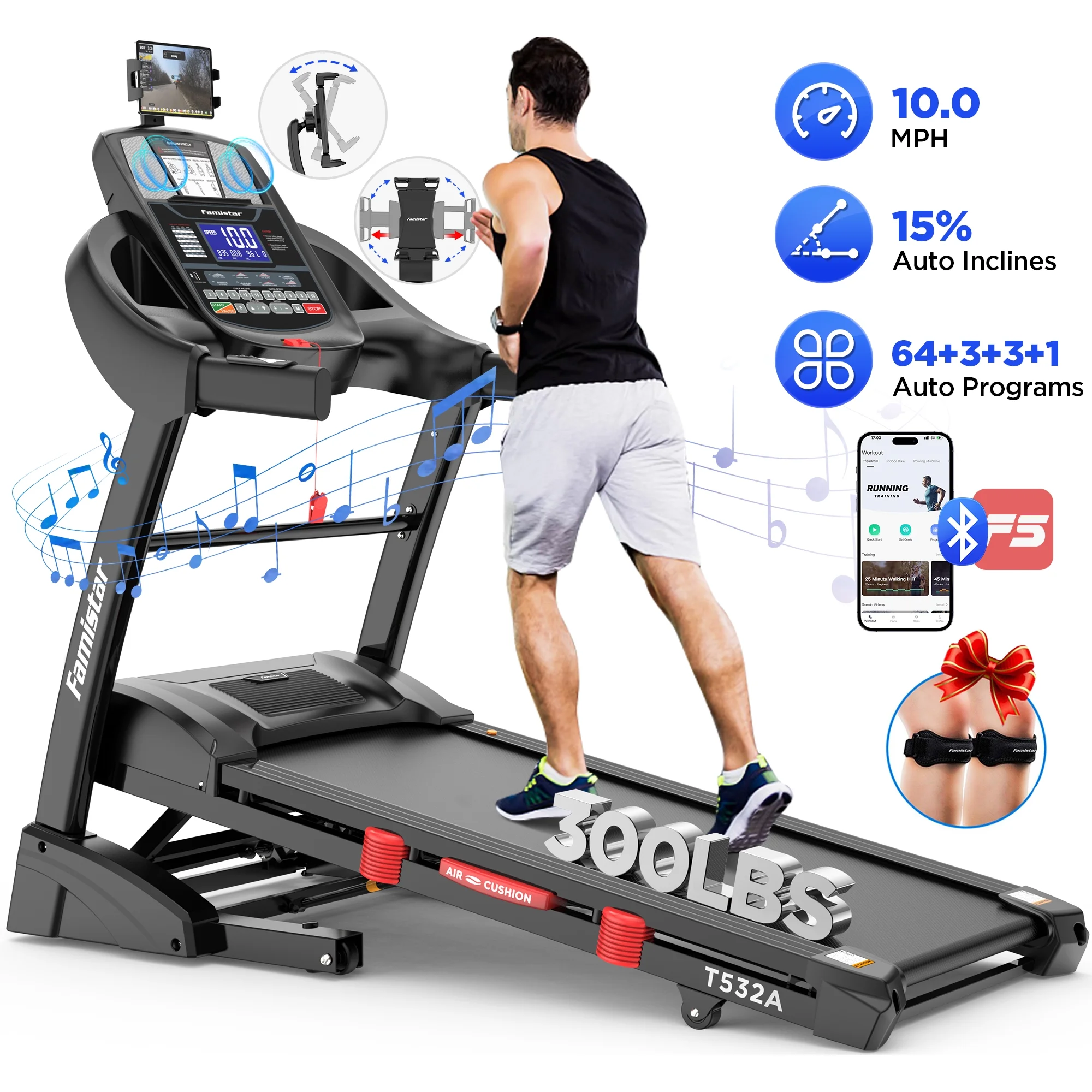 Famistar 4.5HP Folding Treadmill Clearance for Home with 15 Auto Incline, Smart APP, 300lbs, HiFi Bluetooth Speakers, 64 Programs, 10MPH Speed, Foldable EleTreadmill Running Machine, Knee Strap Gift