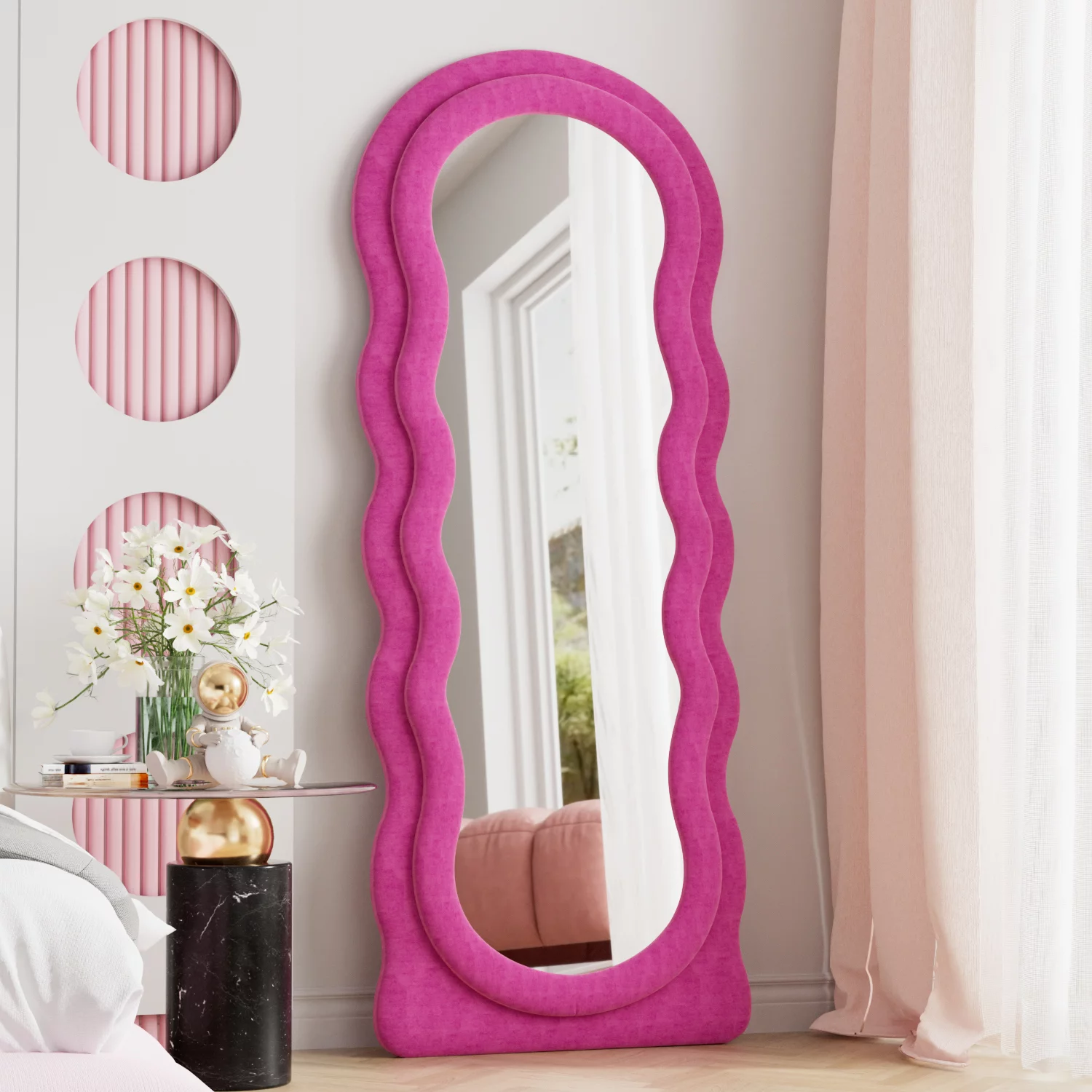 VLUSH Wavy Full Length Mirror, Freestanding Floor Mirror with Stand, 63″x24″ Wall Mounted Mirror for Bedroom (Pink)