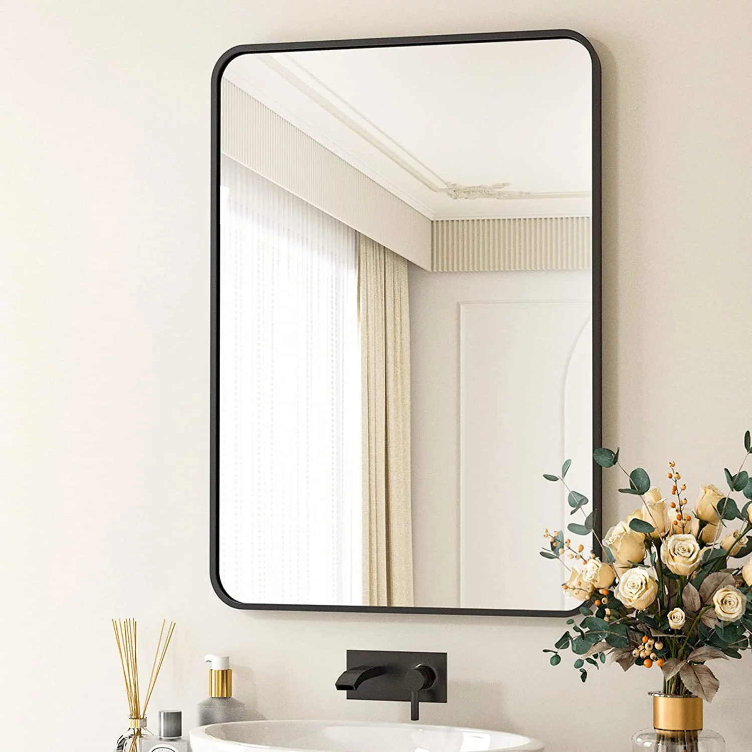 BEAUTYPEAK 24″x36″ Wall Mirror Rounded Corners Hanging Vanity Mirror Black