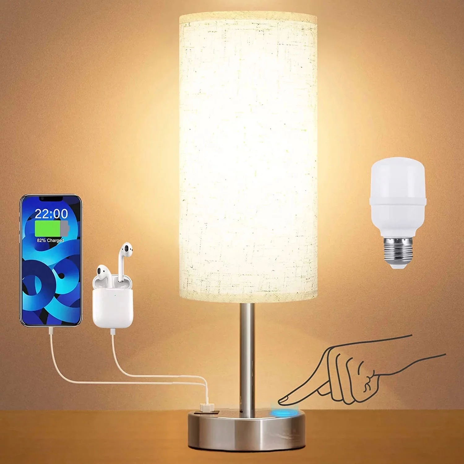 Table Lamps for Bedroom, Bedside Lamps with USB C+A Fast Charging Ports, 3 Way Dimmable Touch Lamp Fabric Shade Silver Base for Bedroom, Office, Living Room, Reading