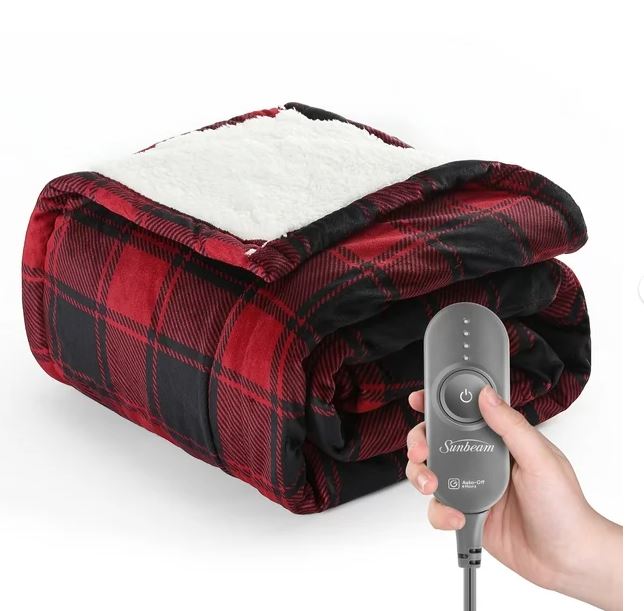 Sunbeam Microplush Sherpa Electric Heated Throw Blanket, Red and Black Buffalo Plaid