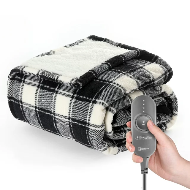 Sunbeam Microplush Sherpa Electric Heated Throw Blanket, Black and