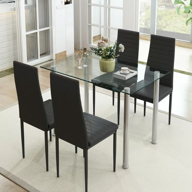 uhomepro Black Kitchen Table Set, 5 Pieces Dining Table Set, Tempered
