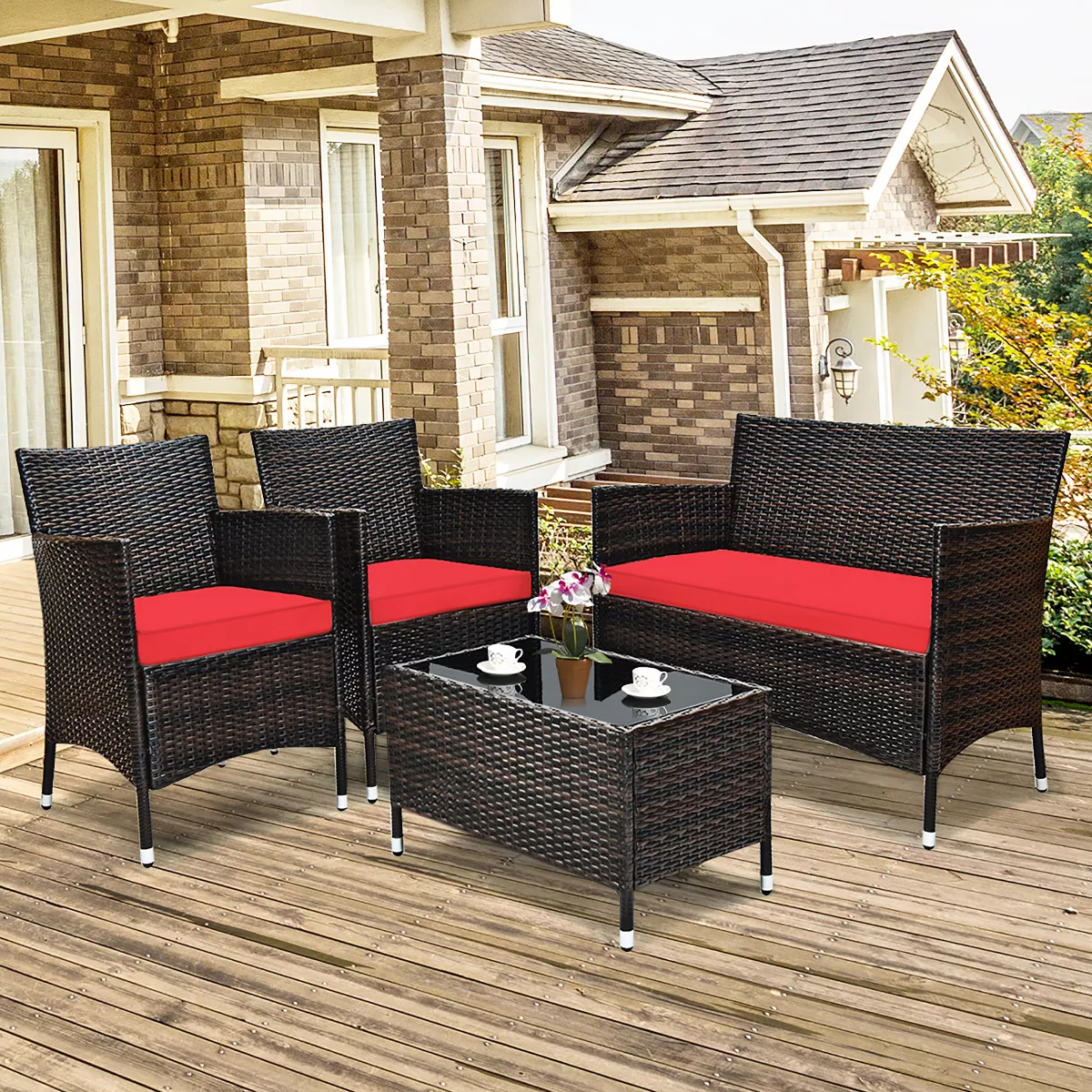 Costway 4PCS Patio Furniture Set Rattan Conversation Set W/ Tempered
