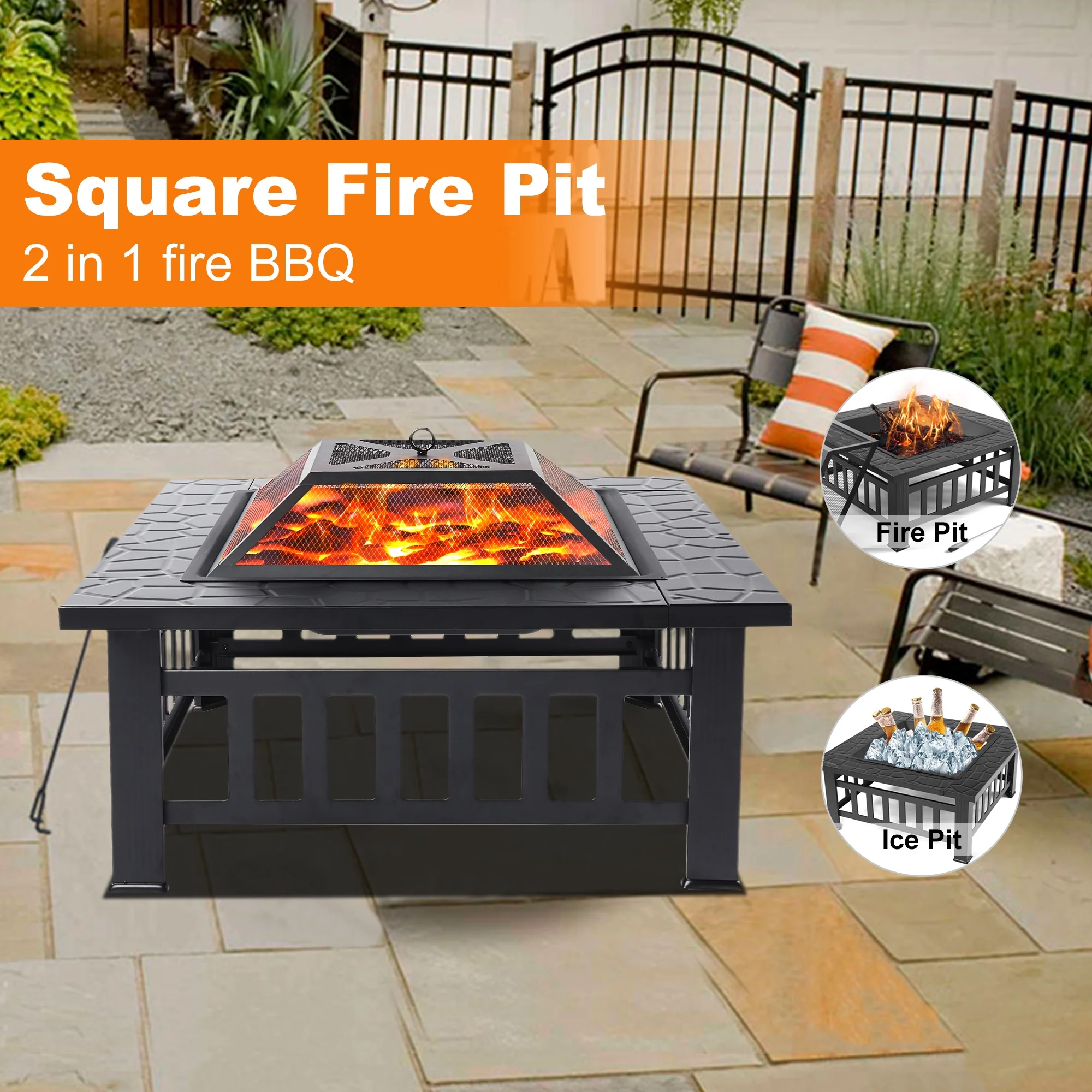SEGMART Outdoor Fire Pit, 32″ Square Metal Fire Pit Table with Spark