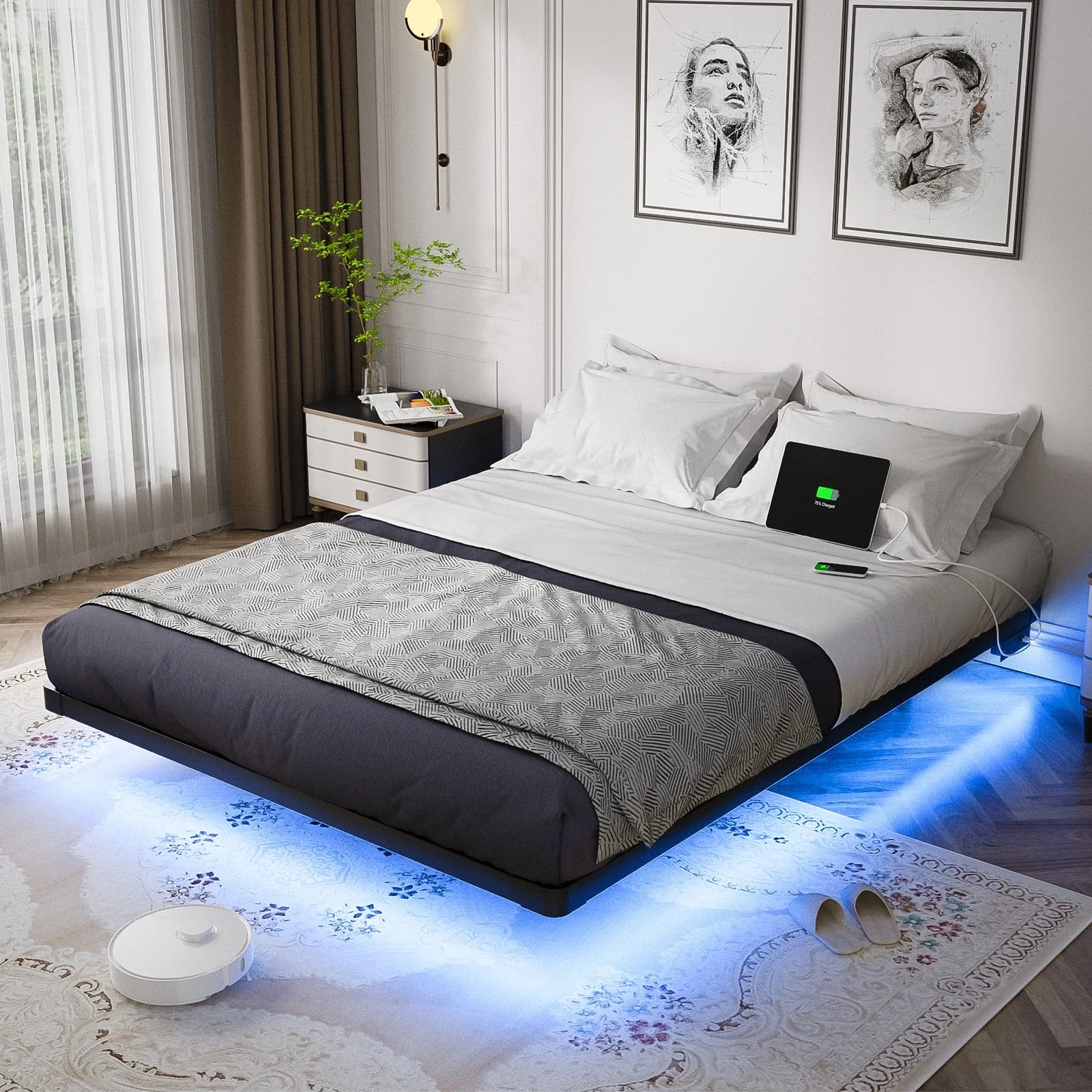 OLEVS Floating Bed Frame Queen Size with LED Lights, Charging Station