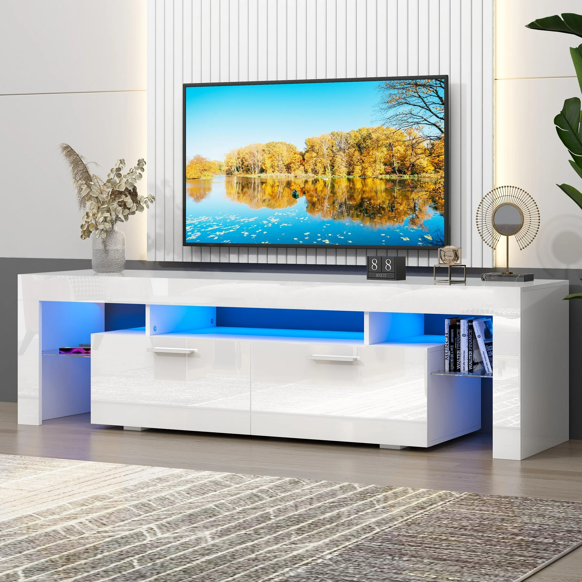 UHOMEPRO TV Stand for TV up to 70″, Living Room Entertainment Center with RGB LED Lights and Storage Shelves Furniture, White High Gloss TV Cabinet Console Table