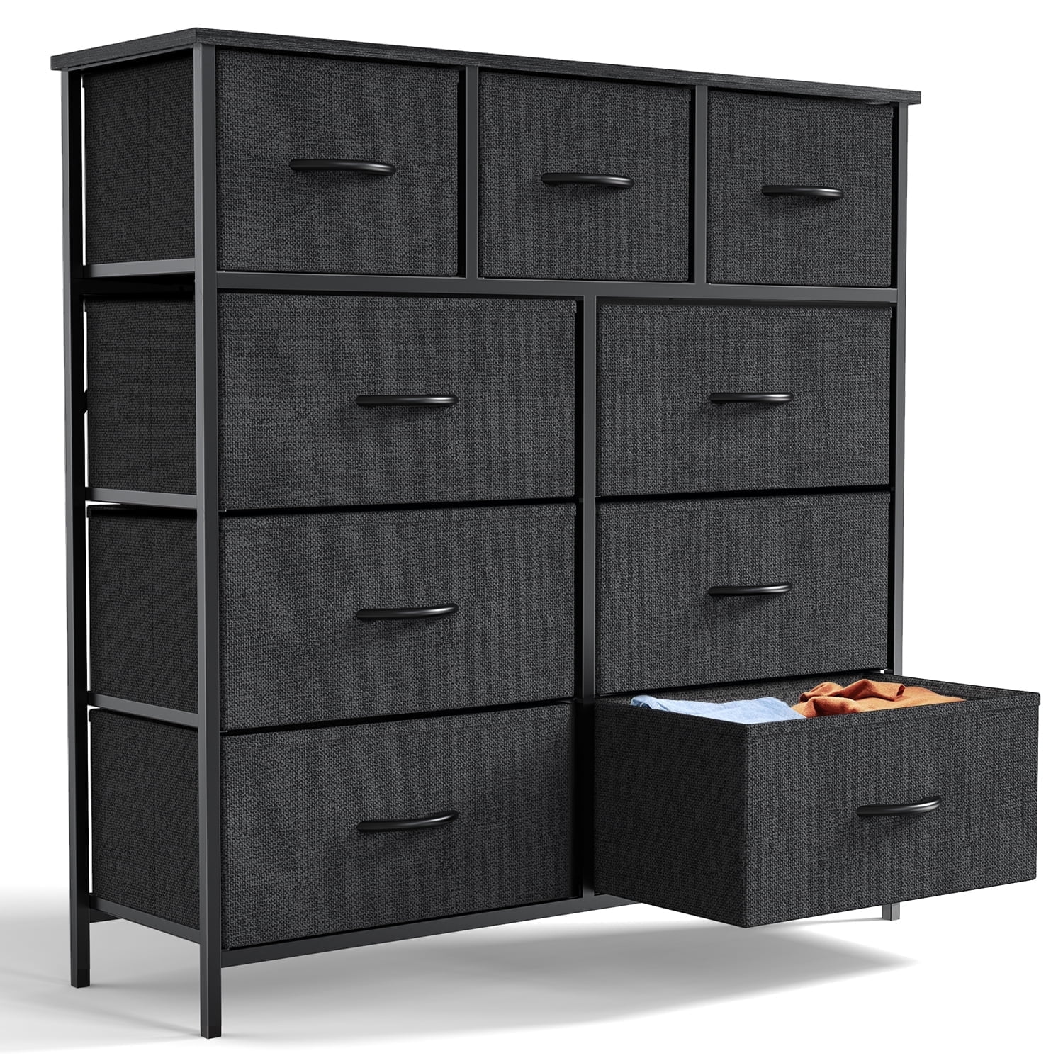 EDX 5 Drawer Dresser, Wide Chest Of Drawers Nightstand Storage Tower Storage Dresser Fabric Dresser With Wood Top for Living Room, Bedroom, Hallway,Black