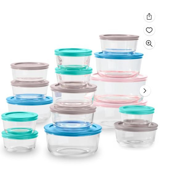 Pyrex Simply Store Glass Food Storage & Bake Container Set, 32 Piece with Multicolor Lids