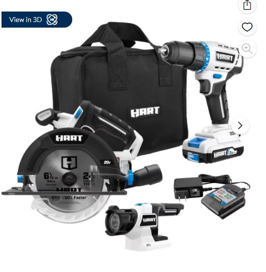 HART 20V 3-Tool Combo Kit, Drill, 6-1/2″ Circular Saw, and LED Light 1 Each