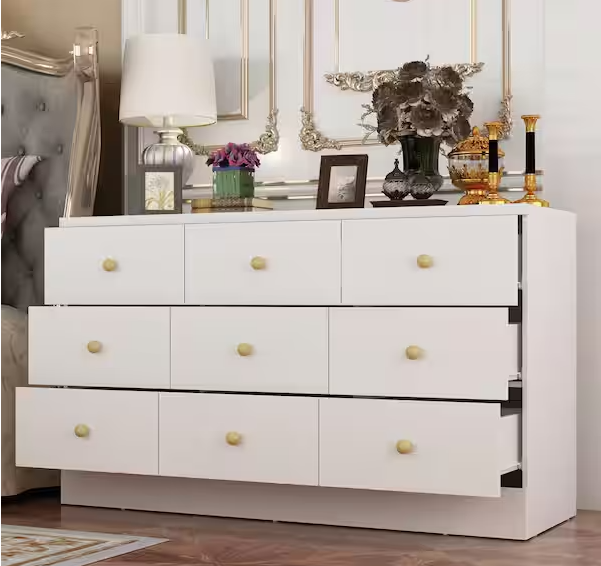 White 9 Drawers 47.2 in. W Wooden Dresser without Mirror, Storage Cabinet, Chest of Drawers, Sideboard