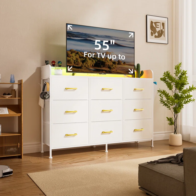 White 9 Drawers 47.2 in. W Wooden Dresser without Mirror, Storage Cabinet, Chest of Drawers, Sideboard