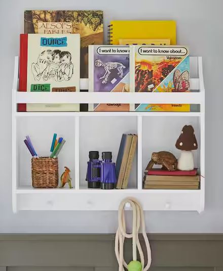 Tiered White Wood Wall Bookshelf with Hooks