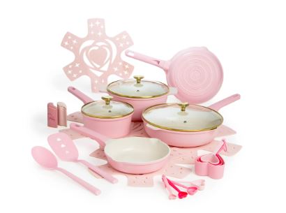 Paris Hilton 24 Piece Clean Ceramic Nonstick Cast Aluminum Cookware Set, Pink