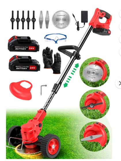 TNTANTS Electric Weed Wacker, Cordless String Trimmer with Wheels, 2Pcs 24V Batteries, 3 Types of Blades, Adjustable Length, Weed Eater Grass Trimmer/Edger/Brush Cutter for Lawn Yard Garden (Red)