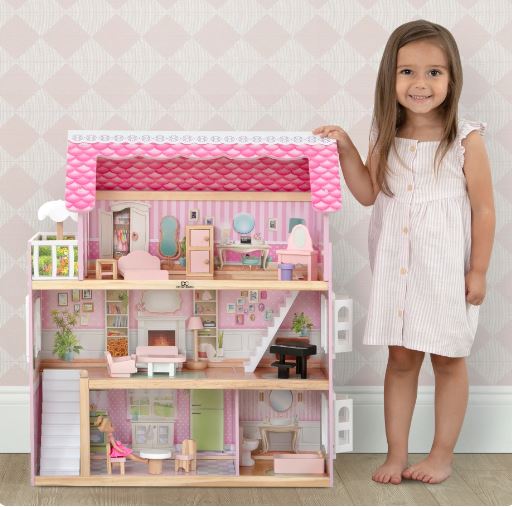 Delta Children Little Gem Dollhouse – Wooden 3-Story Dollhouse with 4 Rooms – Includes 16 Accessories