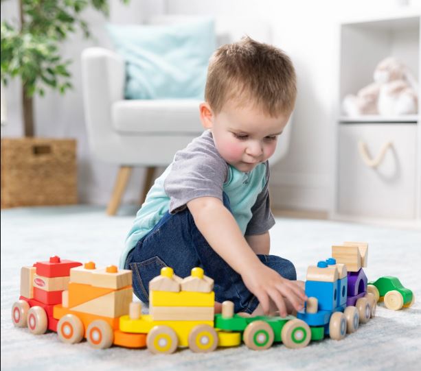 Melissa & Doug Deluxe Wooden Stacking Train, 6 Cars, 19 Blocks, 2 Vehicles, for Toddlers 2+