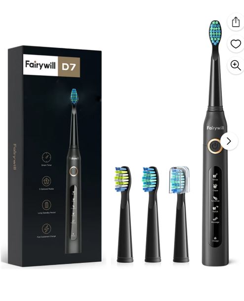 Fairywill Sonic Electric Toothbrush,Power Toothbrushes with 4 Rechargeable Brush Heads,IPX7 Waterproof 5Modes 30Days Battery Life Suitable for Short Business Trips,Black