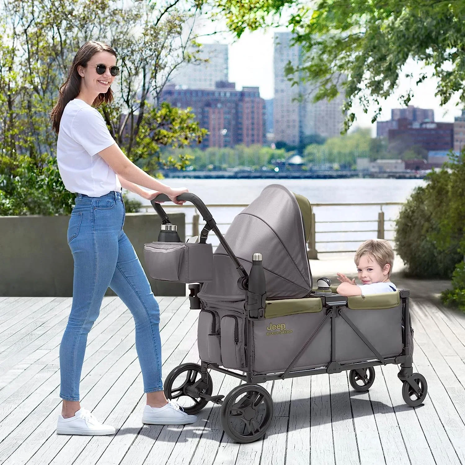 Jeep Sport All-Terrain Stroller Wagon by Delta Children – Includes Canopy, Parent Organizer, Adjustable Handlebar, Snack Tray & Cup Holders, Grey/Olive Green