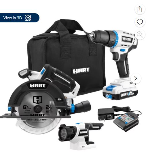 HART 20V 3-Tool Combo Kit, Drill, 6-1/2″ Circular Saw, and LED Light 1 Each