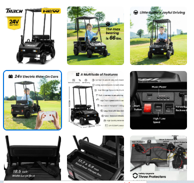 Track 7 24V Ride on Car, Electric Golf Cart with Ceiling, Ride on Truck with Remote Control, Music, Rear Storage Box, Electric Car for Boys Girls Age 3+, 18.5″ Large Seat with Armrests, Black