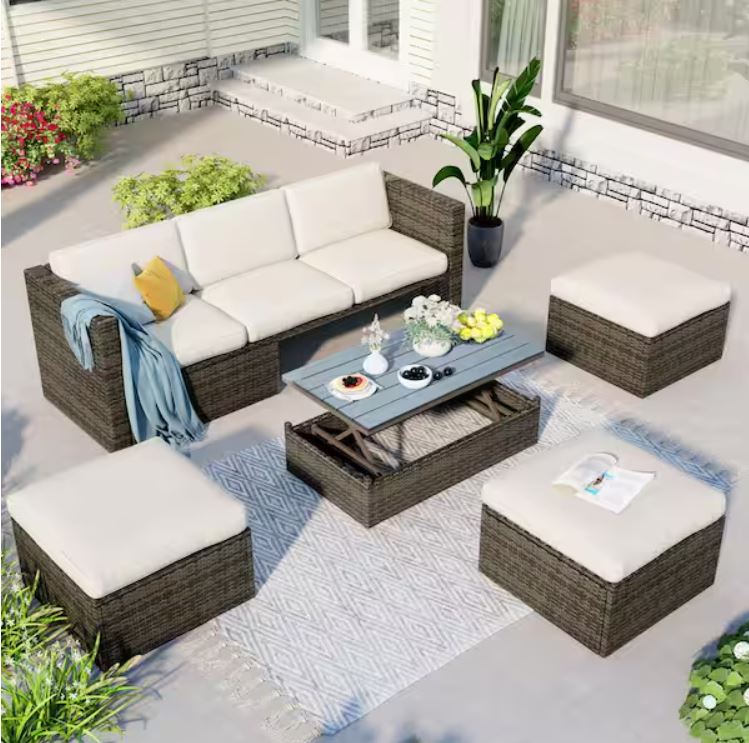5-Piece Wicker Patio Conversation Set with Beige Cushions and Coffee Table