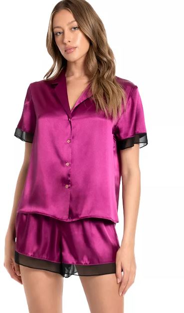 Women’s Lilac+London Satin Short Sleeve Pajama Top & Chiffon Trim Pajama Shorts