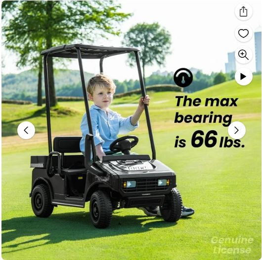 Track 7 24V Ride on Car, Electric Golf Cart with Ceiling, Ride on Truck with Remote Control, Music, Rear Storage Box, Electric Car for Boys Girls Age 3+, 18.5″ Large Seat with Armrests, Black