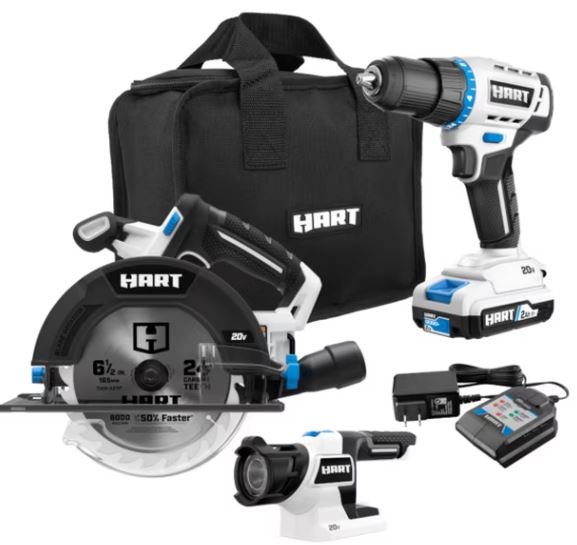 HART 20V 3-Tool Combo Kit, Drill, 6-1/2″ Circular Saw, and LED Light 1 Each