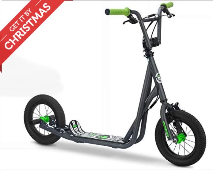 Mongoose Expo Youth Scooter, Front and Rear Caliper Brakes, Rear Axle Pegs, 12-Inch Inflatable Wheels, Green/Grey