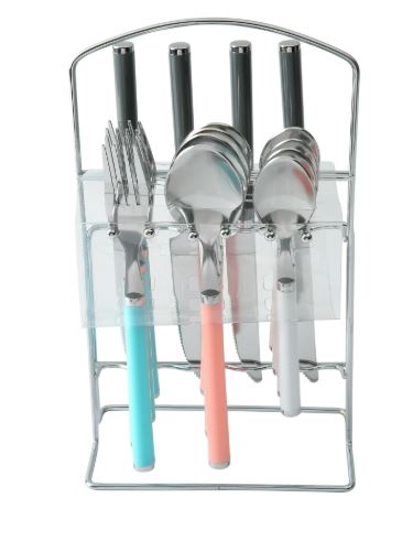 Mainstays 17 Piece Aura Flatware Set with Storage Rack Multicolor, Service for 4